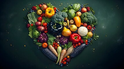 Vegetables and fruit in a heart shaped plate..