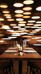 Background Image of wooden table in front of abstract blurred restaurant lights