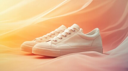 Minimalist Pink Sneakers on Elegant Fabric Background with Sunset Gradient Lighting