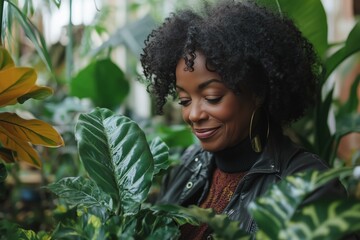 A serene moment of a woman smiling gently as she tends to a variety of lush indoor plants in a greenhouse.