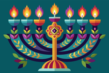 A vibrant and colorful menorah with lit candles stands against a purple background, celebrating the festival of lights during Hanukkah