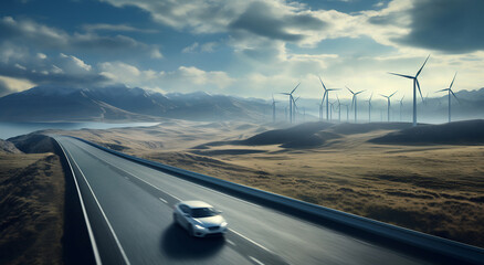 Car driving down road next to wind turbines