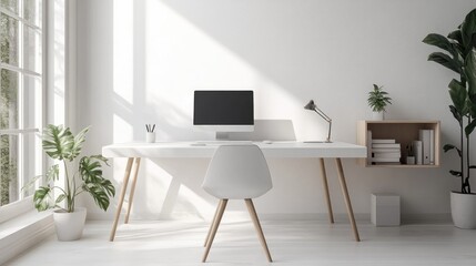 Minimalist Home Office with White Desk and Green Plants in Natural Light