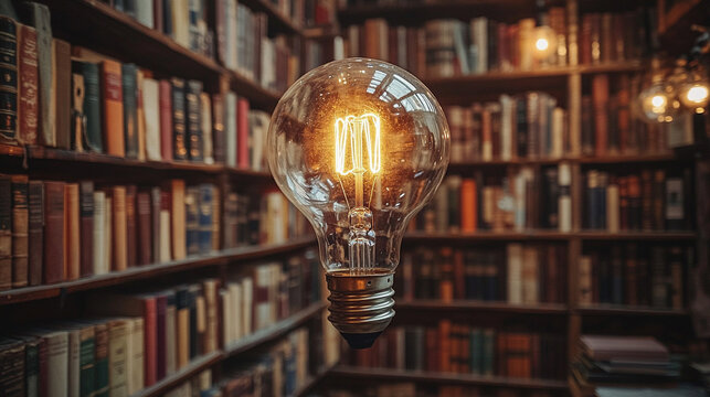 glowing light bulb illuminates against a blurred book, symbolizing clarity, insight, and inspiration emerging from knowledge
