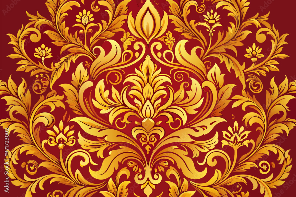 Poster intricate golden floral pattern on a rich red background created using ornate design techniques, per