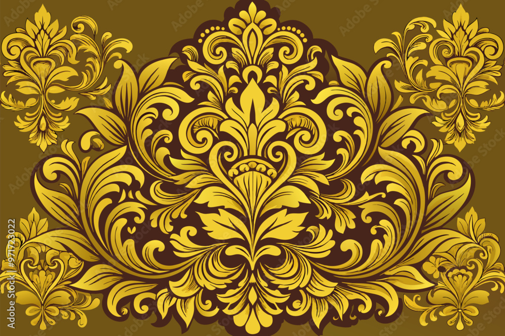Poster intricate golden floral pattern on a rich red background created using ornate design techniques, per