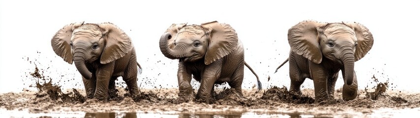 Fototapeta premium Playful Baby Elephants in Mud, adorable baby elephants joyfully splashing in mud, showcasing their playful nature against a pristine white backdrop, a charming display of innocence and fun