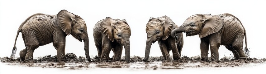 Fototapeta premium Playful Baby Elephants in Mud, full-body portrait capturing the joyful essence of young elephants engaging in playful mud activities against a clean white backdrop