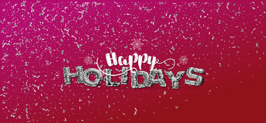 Happy Holidays lettering with trendy silver sequins texture. Modern brush calligraphy, isolated on the silver snowflake shape confetti blue background