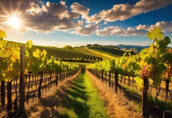 Naklejka premium stunning vineyard landscapes filled lush green vines vibrant clusters grapes under clear blue skies, agriculture, bountiful, countryside, crop, colorful