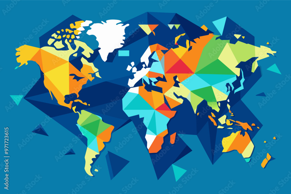 Poster a colorful geometric representation of the world map showcasing continents, oceans, and various shap