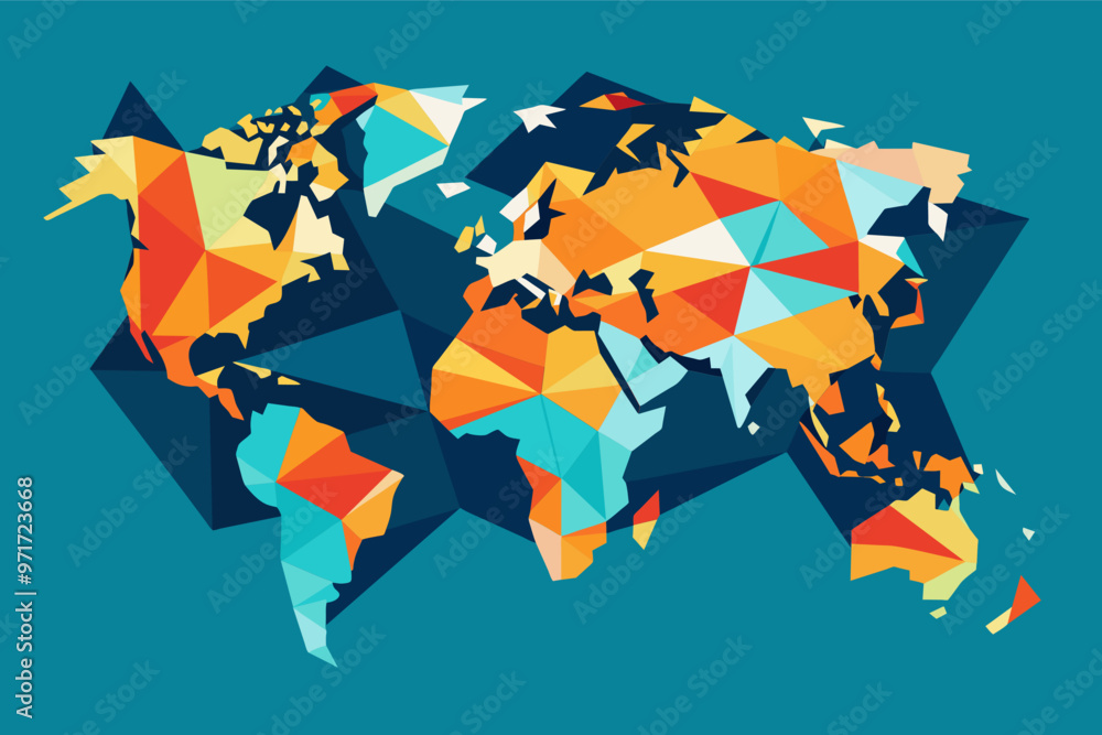Poster a colorful geometric representation of the world map showcasing continents, oceans, and various shap