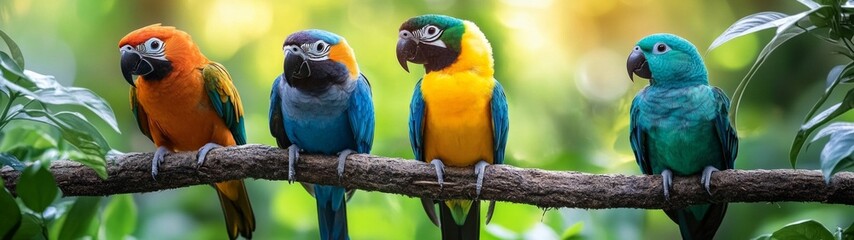 Tropical Birds in Lush Habitat, vibrant plumage of diverse birds displayed against a lush backdrop, showcasing their beauty amidst rich greenery and a serene ambiance.
