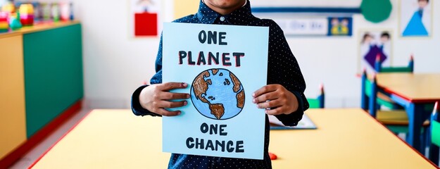 Black kid holding climate change banner sign with class room school on background. Child student celebrating earth day
