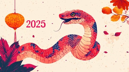 Obraz premium 2025 Year of the Snake Illustration - Vibrant Colors and Chinese Lantern Motif