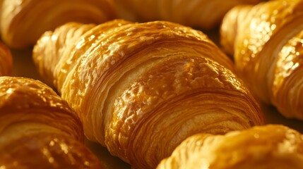 Close-up of golden croissants with flaky texture