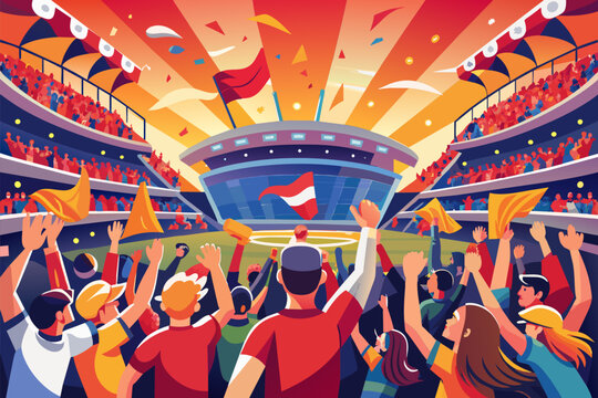 Excited fans celebrating during a vibrant sporting event at a stadium filled with flags and colorful decorations on a sunny day