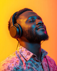 Man enjoying music with headphones in colorful light