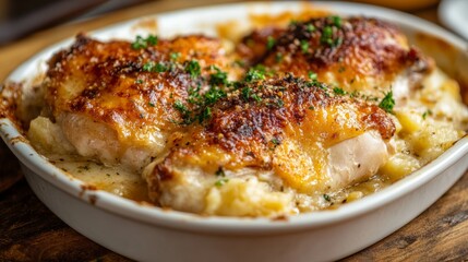 The national cuisine of Great Britain: Baked chicken with dumplings and cheese.