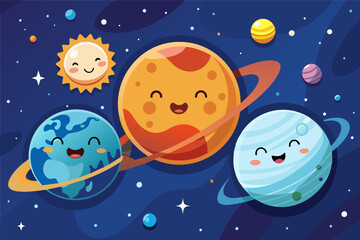 Playful cartoon planets in a colorful outer space setting with a shining sun and smiling characters enjoying cosmic adventures