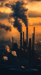 Expansive Industrial Landscape with Factories Emitting Thick Smoke from Tall Chimney