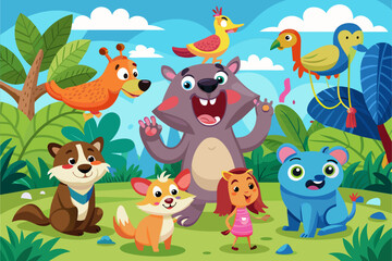 A cheerful group of cartoon animals and children enjoying a sunny day in a colorful jungle setting, surrounded by vibrant foliage and playful companions