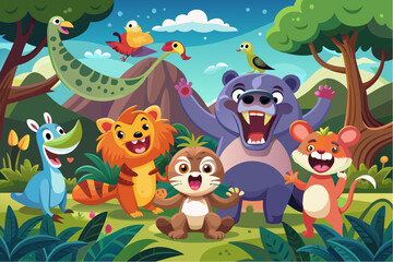 Obraz premium A cheerful group of cartoon animals and children enjoying a sunny day in a colorful jungle setting, surrounded by vibrant foliage and playful companions