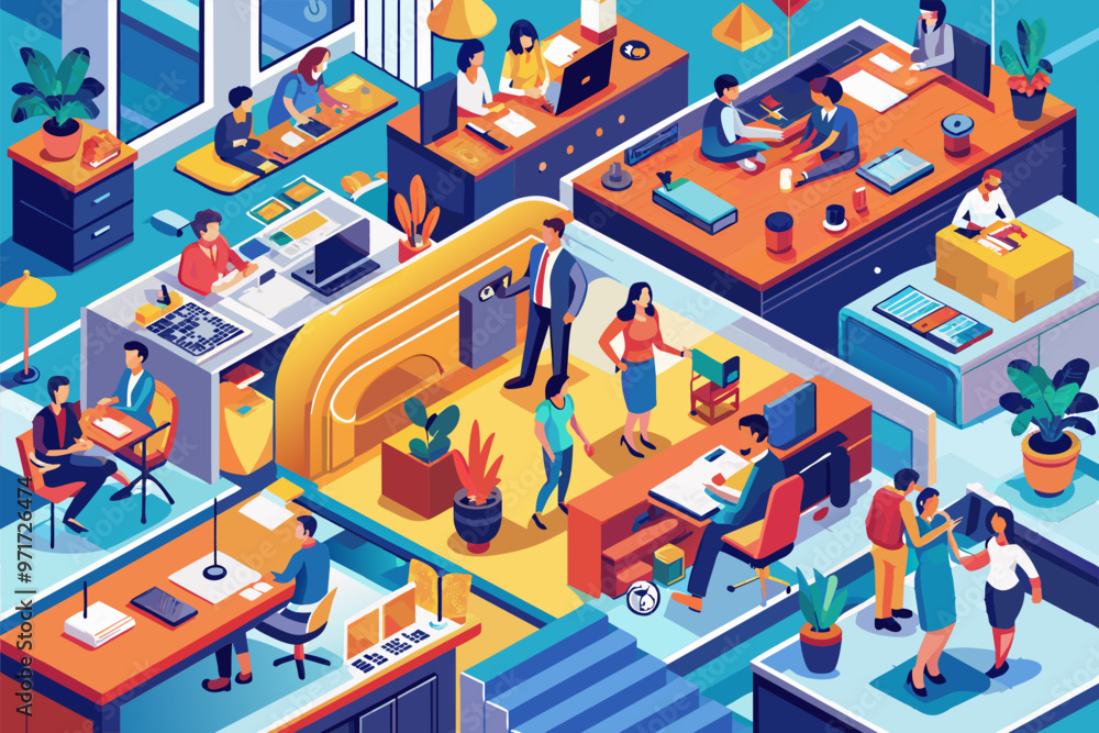 Poster modern office environment illustrating diverse workers engaged in various tasks throughout a vibrant