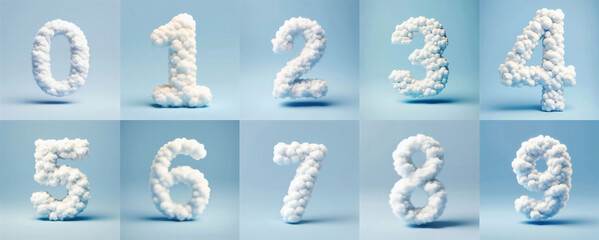 Fluffy cloud-shaped numbers, perfect for creative projects, birthdays, and thematic designs related to patterns or counting.	