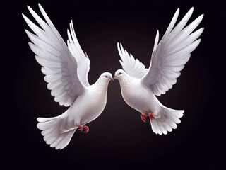 Two white doves of peace on a dark background. Realistic art. Peace antiwar symbol illustration. International Peace Day banner card design
