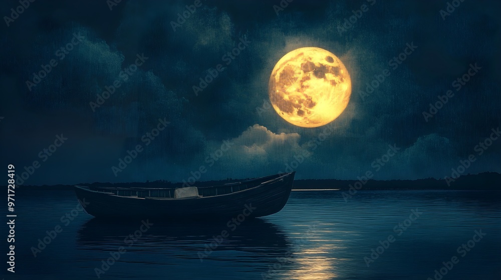 Wall mural Full moon casting light on boat in painting image