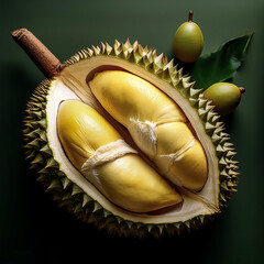Overhead view of Fresh, Ripe and juicy durian. Halves food summer background.