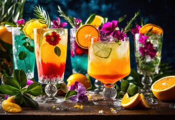 vibrant beverages colorful garnishes diverse backgrounds showcasing refreshing drink options aesthetic presentation, cocktail, refreshment, fruit, ice