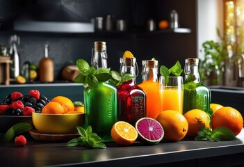 vibrant drink ingredients displayed sleek countertop colorful bottles creating inviting beverage scene, cocktail, mixology, fresh, herbs, fruits, garnishes