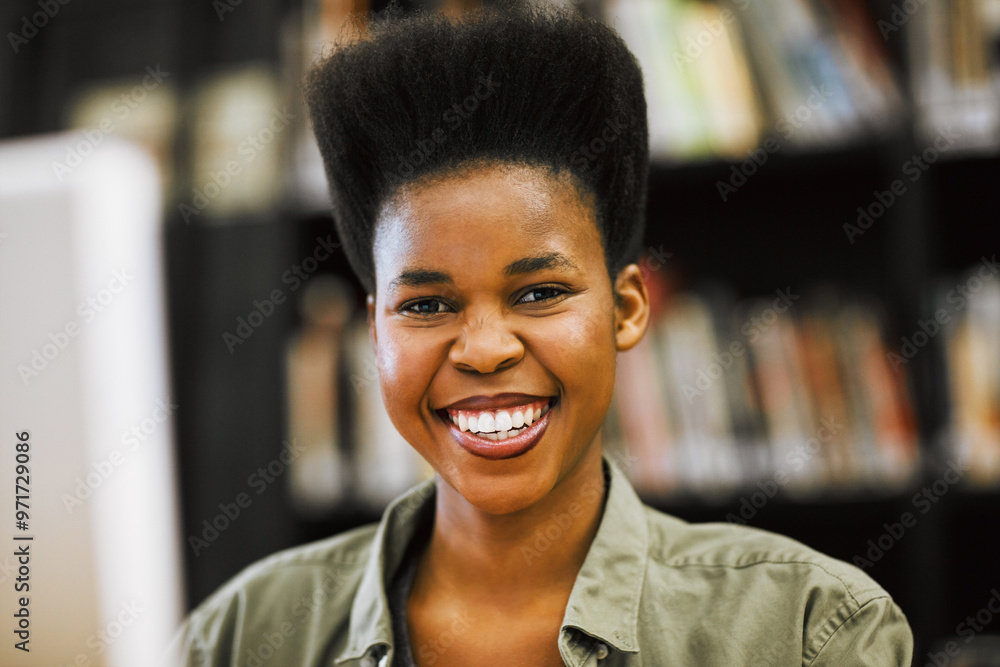 Aufkleber portrait, university or black woman at computer in library for education, research or online project