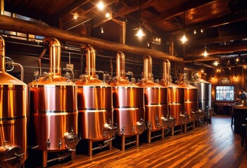 vibrant brewery scene featuring brewing tools lively atmosphere, equipment, supplies, barrels, fermenters, kegs, taps, bottles, ingredients, hops, yeast