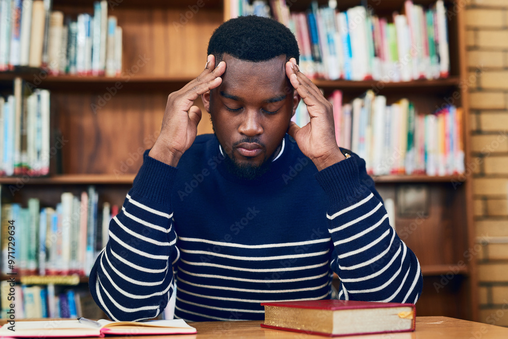Poster stress, headache and black man with books in library for university, fatigue and overtime on researc