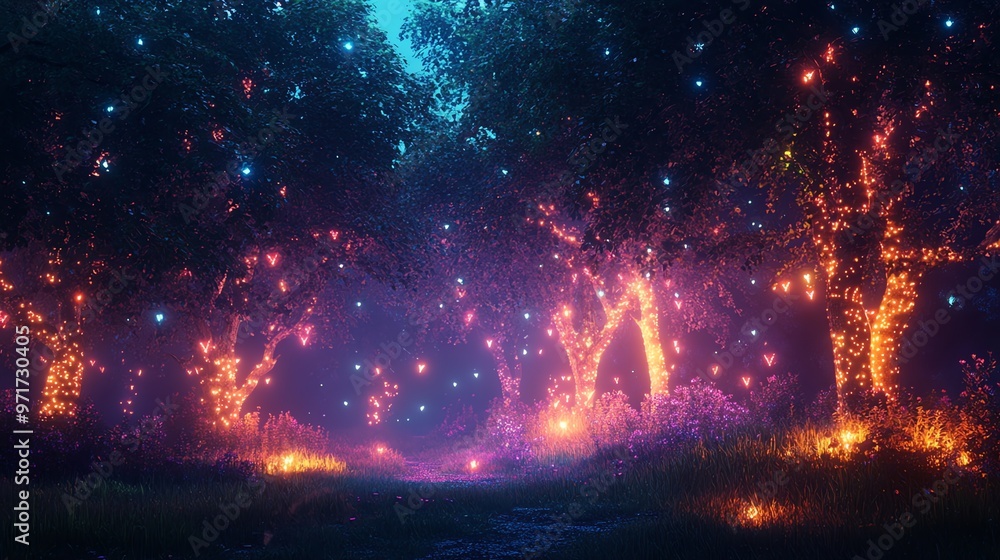 Poster enchanted forest with glowing trees and a magical pathway.