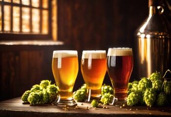 vibrant craft beer bright glasses surrounded fresh hops grains capturing essence artisan brewing, amber, ale, beverage, bubbles, barley, brewery, carbonation