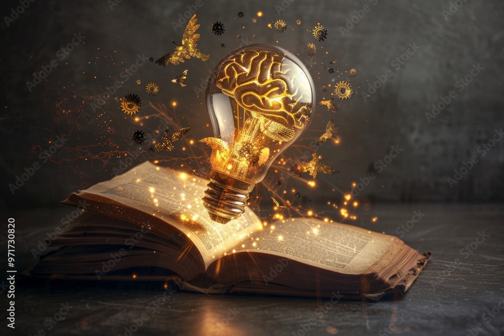 Aufkleber open book with glowing light bulb inside with brain shape and gears art inside on dark background