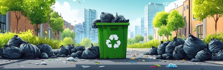 Overflowing Recycling Bin with Littered Street Scene