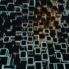 Glowing black and blue abstract squares background pattern 3D rendering