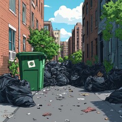 Overflowing Recycling Bin with Littered Street Scene