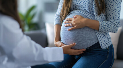 obstetrician gently touches a pregnant belly, symbolizing care and support. The image conveys the deep emotional connection and sensitivity surrounding pregnancy and related issues