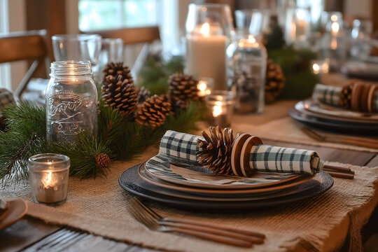 A charming table setup featuring a burlap runner with a centerpiece of pinecones, evergreen branches, and candles in mason jars. Wooden place settings, plaid napkins, and handcrafted wooden napkin rin - Powered by Adobe
