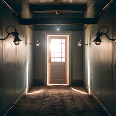 Dimly Lit Room With a Door in the Middle of the Room. The Door Has a Window at Eye Level With Bright Light Shining Through. The Light on the Other Side of the Door is Blindingly Bright.