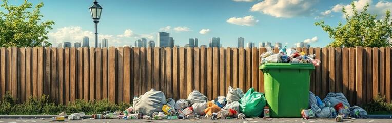 Overflowing Recycling Bin with Littered Street Scene