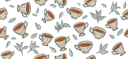 Cup of tea and Green leaves pattern, hand drawn illustrations