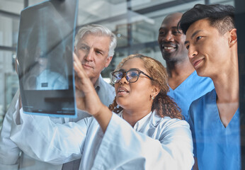 Planning, xray and doctors with surgeon for teamwork, research and analysis for solution in...