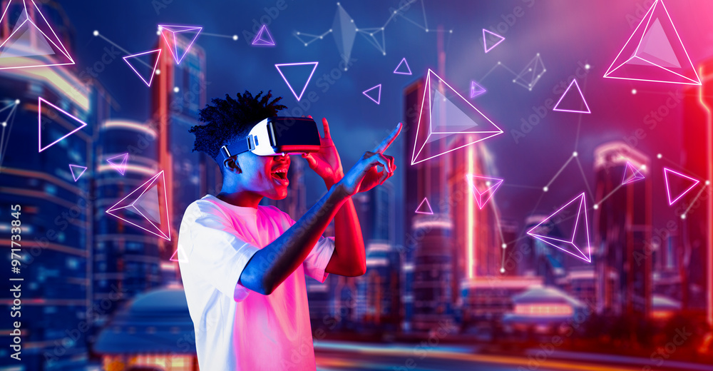 Poster african man excited while playing game in metaverse and looking at shape. smart player with casual c